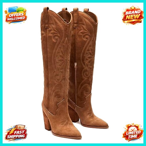 Knee High Cowboy Boots Pointed Toe Chunky Heel Pull-on Embroidered Western Wide - Picture 4 of 7